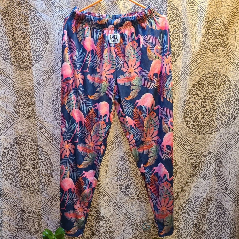 Brief Insanity Pajama Pants Womens Large Navy Pink Flamingo Tropical Excellent